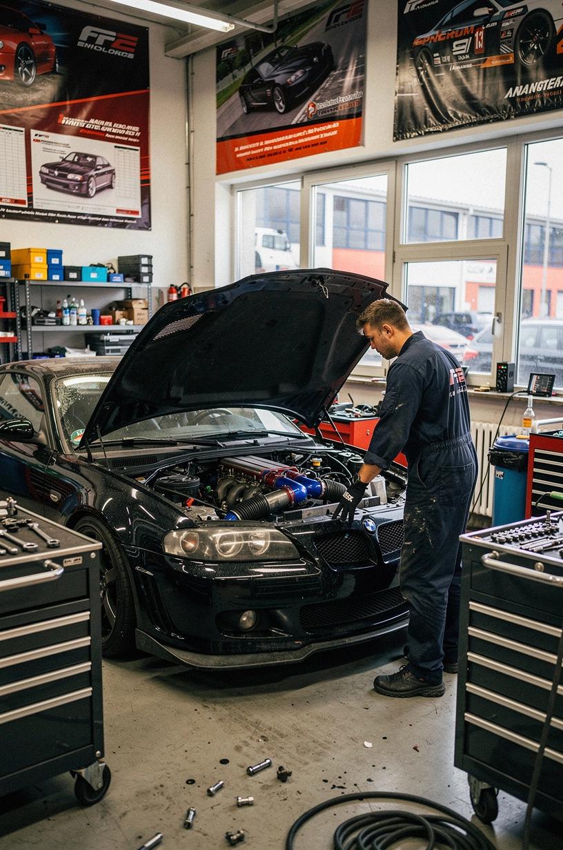 Leistungsstarkes Automobil mit optimierter Motorleistung und individuell gestalteter Karosserie in einem professionellen deutschen Tuning-Studio.